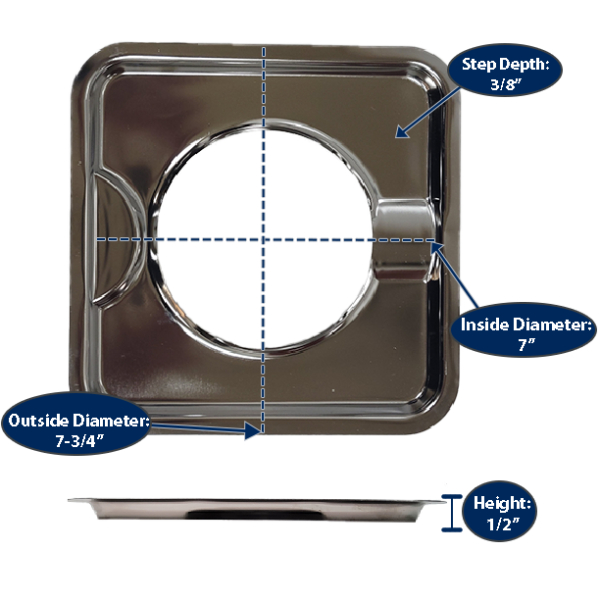 7.75” Chrome Square Gas Pan with dimensions