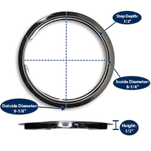 8” Chrome Universal Trim Ring with dimensions