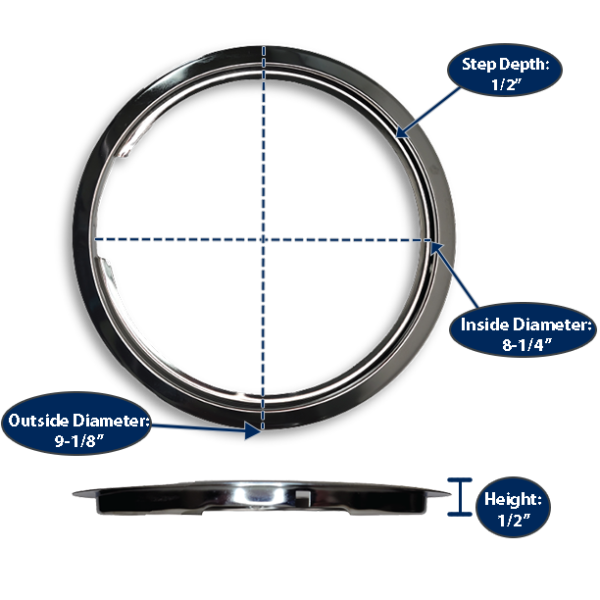 8” Chrome Universal Trim Ring with dimensions