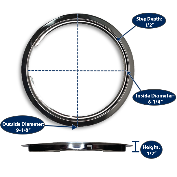 8” Chrome Universal Trim Ring with dimensions